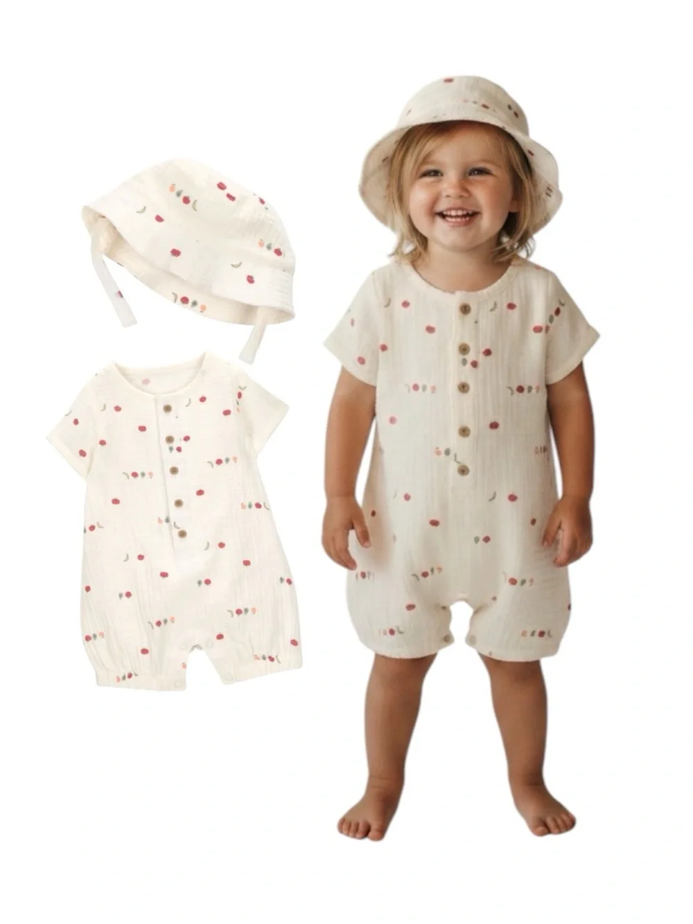 Carter's Cream Romper and Bucket Hat Set With Veggie Print